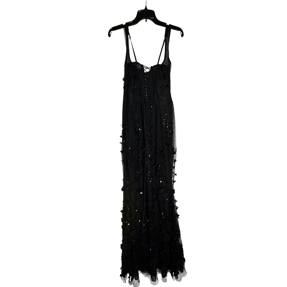 Oh Polly Black Sequin Floral Lace Corset Maxi Dress Lace Up Back Prom Gown US 4 - Picture 6 of 10